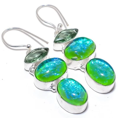 Triplet Fire Opal Gemstone Handmade 925 Sterling Silver Jewelry Earring 2.4" - Image 1 of 4