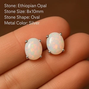 Natural opal stone stud Sterling 925 silver welo fire opal earrings stud 8x10 mm - Picture 1 of 3