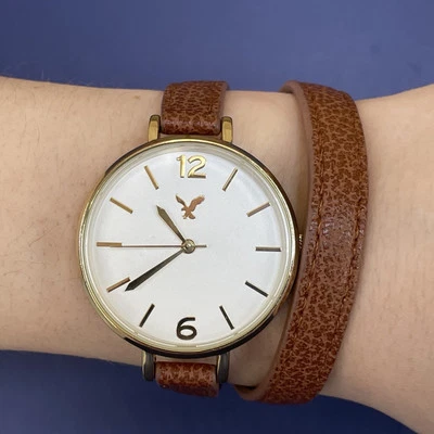 American Eagle Brown Faux Leather White Face Gold Bezel Wrap Around Watch - Image 1 of 4