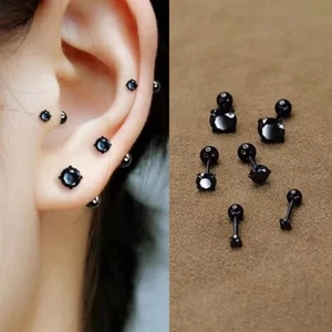 Black Round Cubic Zirconia Screw Back Stud Earrings For Men Women 3/4/5/6mm - Picture 1 of 5