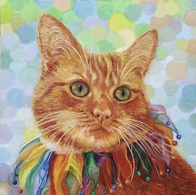 Gato Rojo Jengibre Felino Pintura al Óleo ORIGINAL sobre Panel de Lienzo, 10x10 In Firmado Foto 1 de 4