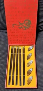 Asian Oriental Chopsticks with Leaf Rests 5 Sets NIB - Picture 1 of 4