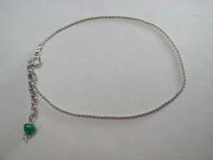 STERLING SILVER ANKLET WITH GREEN HEART BEAD DANGLE ADJUSTABLE LENGTH 9-10" - Picture 1 of 6