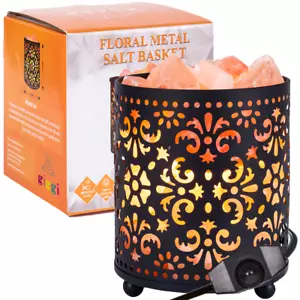 100% Natural Himalayan Salt Lamp Metal Floral Basket with Himalayan Salt Chunks - Picture 1 of 3
