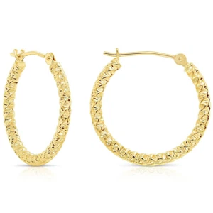 14K Real Solid Yellow Gold Twist Spiral Diamond-Cut Round Hoops Earrings 20mm - Picture 1 of 9