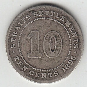 1895 STRAITS SETTLEMENTS MALAYA 10 CENTS .800 SILVER COIN KM# 11 - Picture 1 of 5