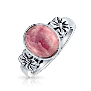 Silver Ring with Flower Bezel Oval Gemstone Pink Rhodochrosite Boho Fashion Band - Picture 1 of 20