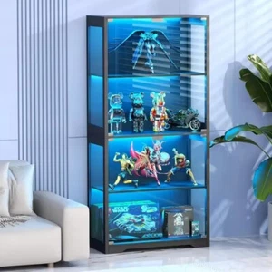 Display Cabinet with 3 Color LED Lights, Glass doors, 4-Shelf Bookcase Storage - Picture 1 of 8
