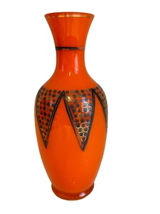 Loetz Stil orange Tango Glas Vase mit applizierter schwarzer Dekoration Höhe 23,5 cm - Bild 1 von 7