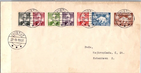 SCHALLSTAMPS - GREENLAND 1938 FDC COVER STAMP SET CANC IVIGTUT ADDR KOBENHAVN Cover