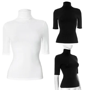 Damen ~ Halbarm Rollkragen T-Shirt Slim Fit Oberteil Büro Arbeit Freizeit Kleidung - Bild 1 von 31