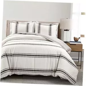 Farmhouse Stripe Reversible Cotton Duvet Cover Set, 3 Piece Set, Full/ Queen, - Picture 1 of 8
