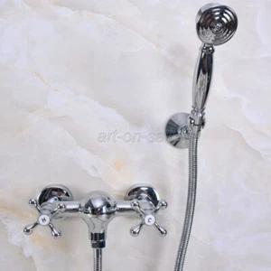 Bathroom Wall Hand Held Shower Chrome Brass Spray 2 Handles Mixer Faucet Tap - Picture 1 of 6