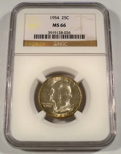 1954 NGC MS66 WASHINGTON QUARTER RAINBOW TONE 25c SILVER MS 66 - Picture 1 of 5