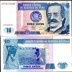 PERU 10 INTIS 1987 UNC A-M,RICARDO PALMA PORTRAIT ON THE LEFT,PERU COAT OF ARMS - Picture 1 of 1