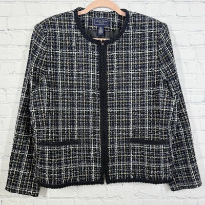 Blazer Laura Scott Tweed Feminino Tamanho 16 Pequeno Azul Marfim Zíper Carreira Academia - Imagem 1 de 4