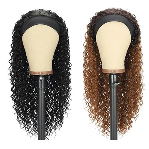 Women Wig Long Curly Wave Wig 3/4 Half Wigs Headband Black Brown Wig+Wig Cap UK - Picture 1 of 8