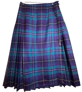 Aljean Pure Wool Skirt Kilt 12 W32 Scotland Blue Purple Plaid Tartan Pleated EUC - Picture 1 of 22