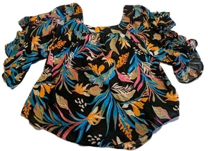 Tropische Blumen schwarz Baumwolle OX 14 Plus Neu mit Etikett Bauernhemd Bluse - Bild 1 von 8