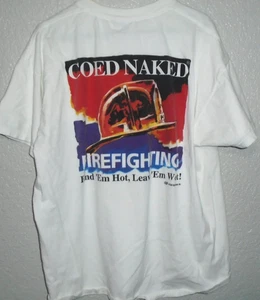 T-shirt vintage Coed Naked antincendio uomo XL bianca made USA maglietta divertente anni 90 - Foto 1 di 4
