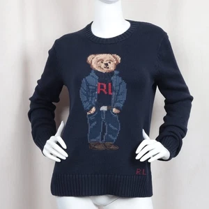 Polo Ralph Lauren Women's Cotton Polo Bear Sweater Navy - Picture 1 of 12