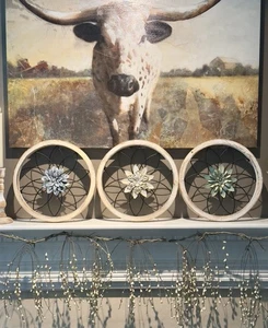 3-Piece Farmhouse/Rustic Wood & Metal Decorative Wall Decor in Box Floral Motif - Picture 1 of 24