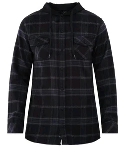 BURNSIDE Hoodie Mens Medium Black Plaid Flannel Button Down Long Sleeves Jacket - Picture 1 of 4