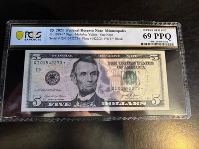 DBR 2021 $5 FRN Minneapolis STAR Fr. 1999-I* PCGS-B 69 PPQ Serial QI01542273* - Image 1 of 2
