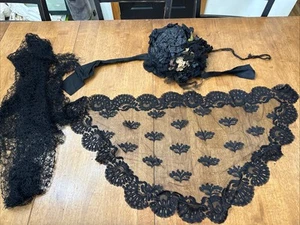 Antique Victorian Womens Black mourning Hat with extra veil And Shawl Rare - Picture 1 of 6