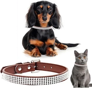Dog Collar Pet Diamente Diamonds - PU Leather & Rhinestone - Brown - Medium 37cm - Picture 1 of 17