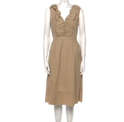 Prada Tan Ruffle V-Neck Sleeveless Sheath Side Zipped Dress Size Small (40) - Image 1 of 4