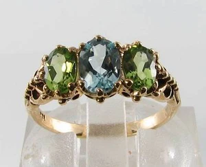 LOVELY 9CT 9K GOLD BLUE TOPAZ PERIDOT 3 STONE VINTAGE INS RING FREE RESIZE - Picture 1 of 5