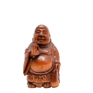 Buda Hotei tallado a mano Ojime Netsuke sosteniendo mano boj firmado sin agujero - Imagen 1 de 8