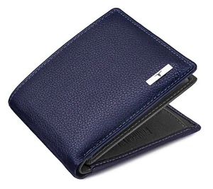 NUEVO AZUL/GRIS DOBLE PLIEGUE CUERO HOMBRE CARTERA PROTECCIÓN RFID ARTÍCULO DE REGALO - Imagen 1 de 7