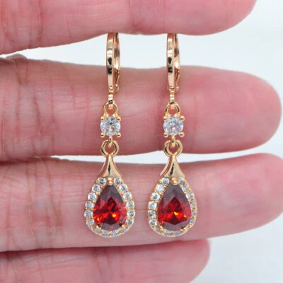 18K желтое золото заполненное женщин красный мистический топаз капли свадебные серьги - Изображение 1 из 4