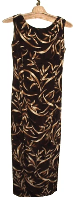 Maxi Vestido MAGGIE LONDON Marrón Seda Dorado Negro Floral Sexy Espalda Talla 4 Abertura Trasera Foto 1 de 3