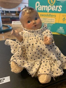 ANTIQUE COMPOSITION Blue  EYES COTTON DRESS Pinned  Diaper And BootIes Girl Doll - Picture 1 of 6