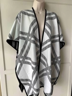 Chico's Reversible Plaid Windowpane Ruana / Poncho Shawl Black White SZ S/M-NWT - Image 1 of 4