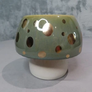 Bath Body Works Stoneware MUSHROOM Single Wick Candle Holder Green Gold Cream - Picture 1 of 6