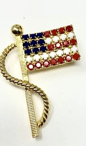 American Flag Pin Brooch Rhinestone Hand Made In The USA Gold Tone - Picture 1 of 3