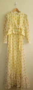 Vtg JC PENNY Cottagecore Yellow Floral Tiered Maxi Dress S 70s Lace Boho Fairy - Picture 1 of 11