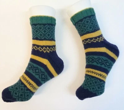 Hand Knitted Lady's Socks 100% Peruvian Wool Fair Isle Green/Navy/Yellow #PW3 - Image 1 of 4