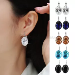 Pair of Oval Cubic Zirconia 925 Sterling Silver Women Drop Dangle Hoop Earrings - Picture 1 of 72