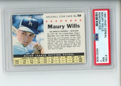 1961 Post Cereal Maury Wills No164 перфорированная Los Angeles Dodgers PSA 7 почти как новая - Изображение 1 из 4