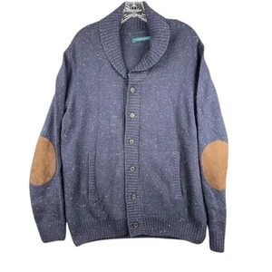 Perry Ellis Shawl Collar Cardigan Sweater Mens Large Blue Elbow Patch Button Up - Picture 1 of 6