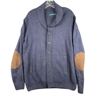Perry Ellis Shawl Collar Cardigan Sweater Mens Large Blue Elbow Patch Button Up - Image 1 of 4