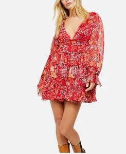 Free People Molten Red Floral Tiered Boho Dress Womens SZ Med Festival Romantic - Picture 1 of 12