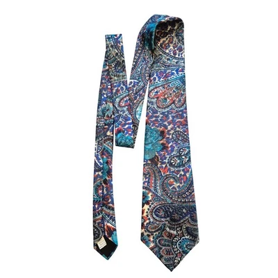 Gravata Oleg Cassini masculina azul floral paisley 100% poliéster vintage feita nos EUA - Imagem 1 de 4