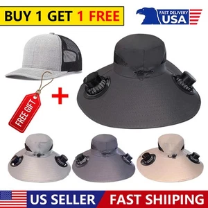 Wide Brim Sun Hat with Solar & USB Powered Fan / Snapback Hat, Buy 1 Get 1 Free - Picture 1 of 14
