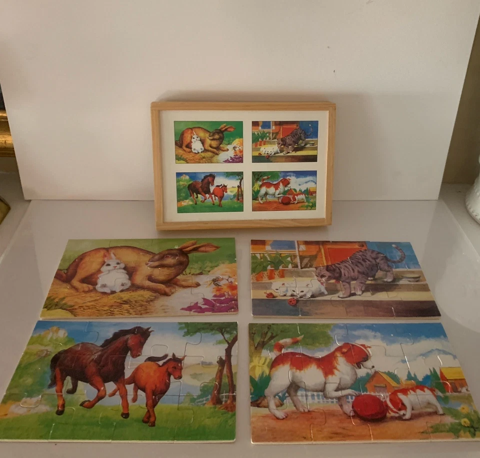 Vintage 12 Pc wood jigsaw puzzles in wooden box - Image 1 of 4
